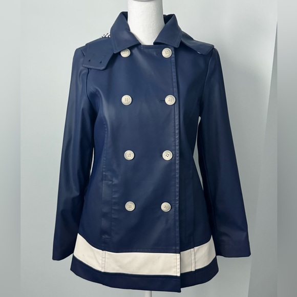 Talbots Jackets & Blazers - Talbots Navy Blue and White Double-Breasted & Hooded Women's Rain Jacket Size P